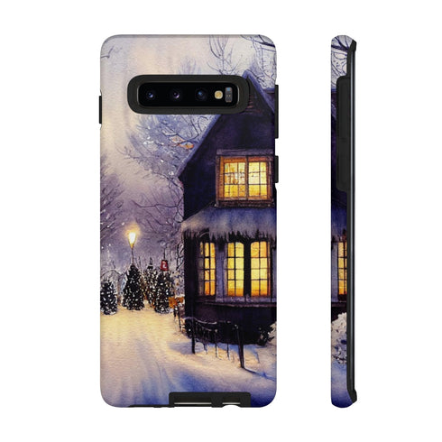 Glowing Homes in the Snow with Christmas Decorations - Impact Resistant Phone Case Samsung Galaxy S10 Matte